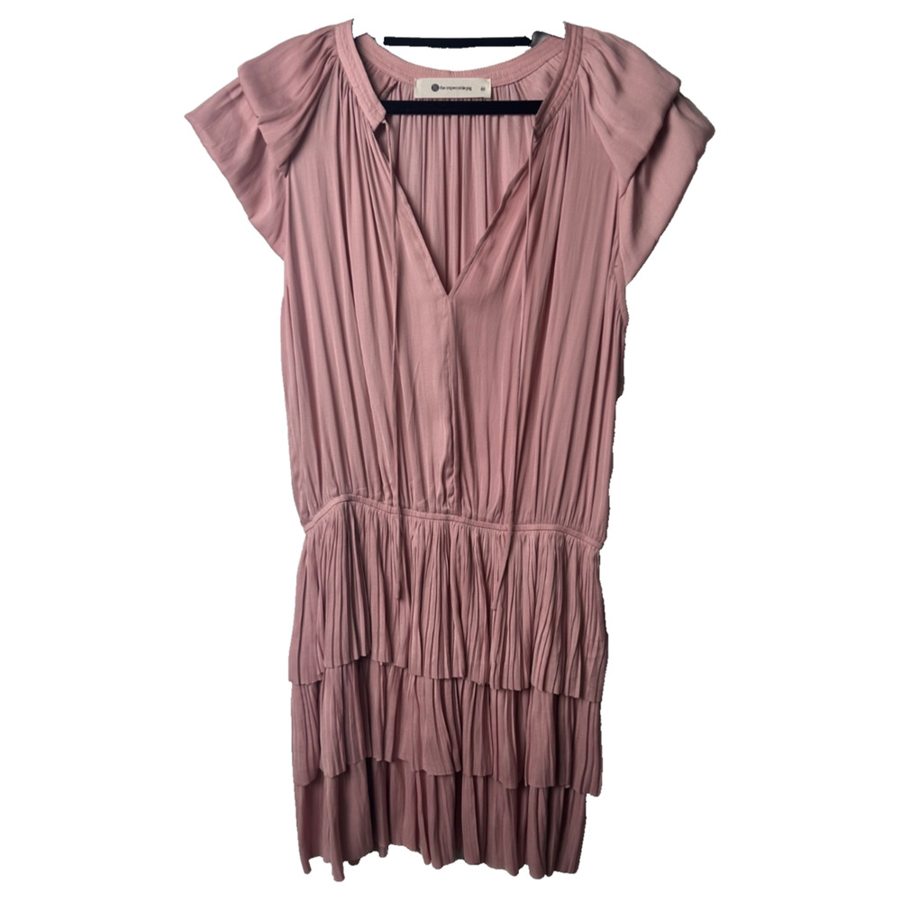 NEW The Impeccable Pig Pink Pleated Ruffle Tiered Dress Women M Flutter Slv A58